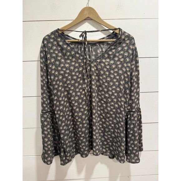 Loft Peacock Feather Print Bell Sleeve Blouse Sz Large - Picture 5 of 5